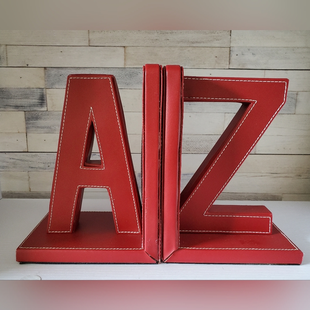 Red Vinyl Covered A - Z Bookends White Stitching Retro Design Classroom Teachers